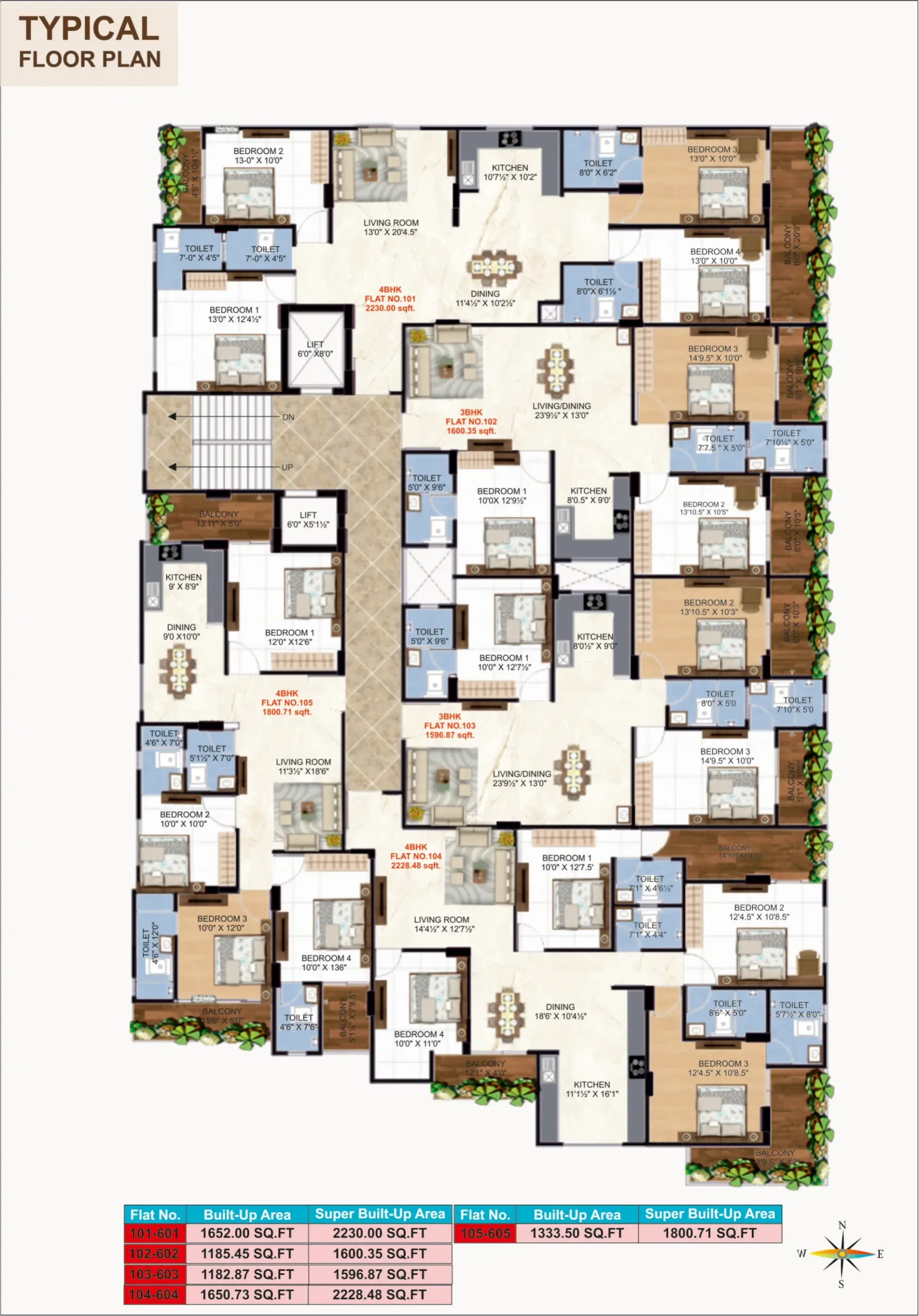 Typical residential floor plan for 3 BHK and 4 BHK flats at Shree Ji Properties