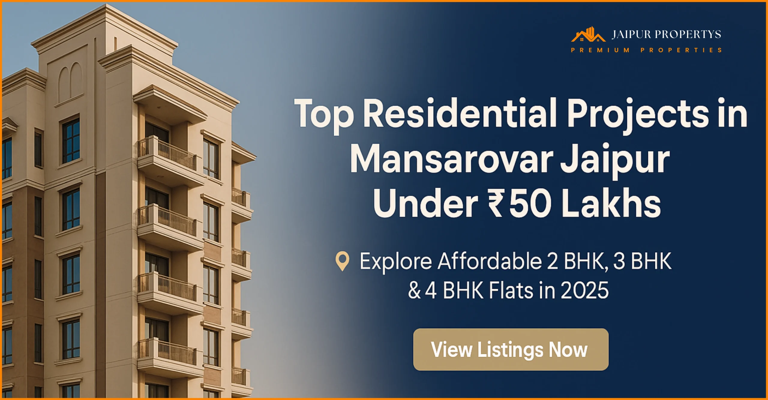 Modern residential apartment building in Mansarovar Jaipur with blog title overlay promoting affordable 2, 3, and 4 BHK flats under ₹50 Lakhs – Jaipur Propertys real estate banner.