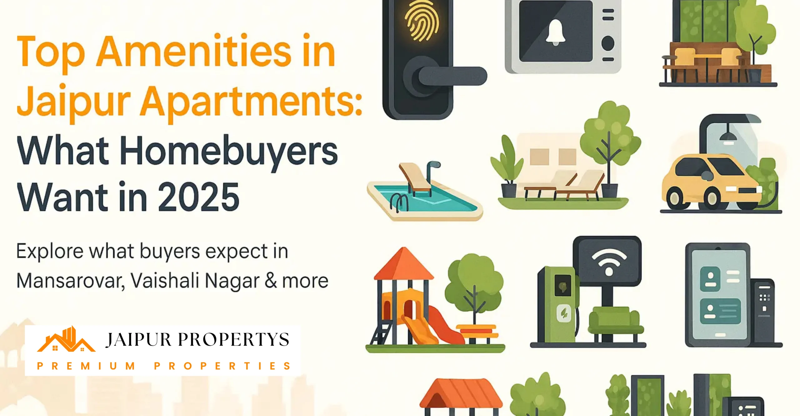 Illustrated blog banner showing top amenities in Jaipur apartments in 2025, including biometric lock, gym, swimming pool, EV charging, kids’ play area, and smart home features, set against Jaipur city skyline with Patrika Gate.
