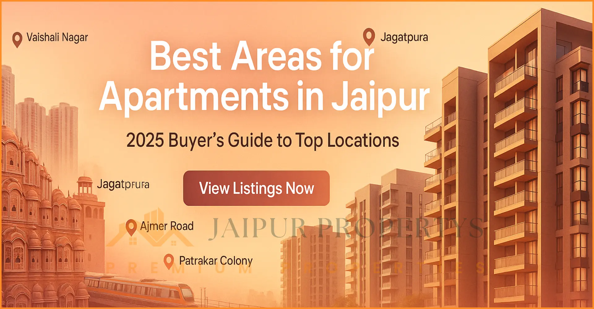 A scenic Jaipur skyline meets modern apartment visuals with area highlights for Mansarovar, Vaishali Nagar, Jagatpura, Ajmer Road, and Patrakar Colony – perfect for 2025 homebuyers.
