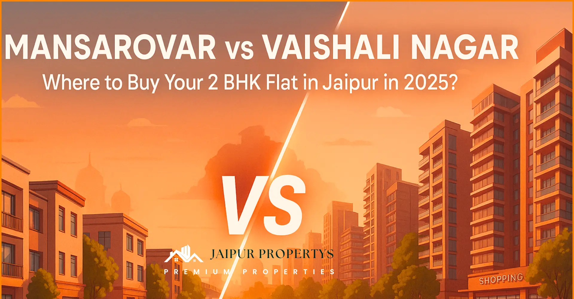 Split-view of Mansarovar and Vaishali Nagar Jaipur showing comparison of 2 BHK flat lifestyles in 2025 real estate market