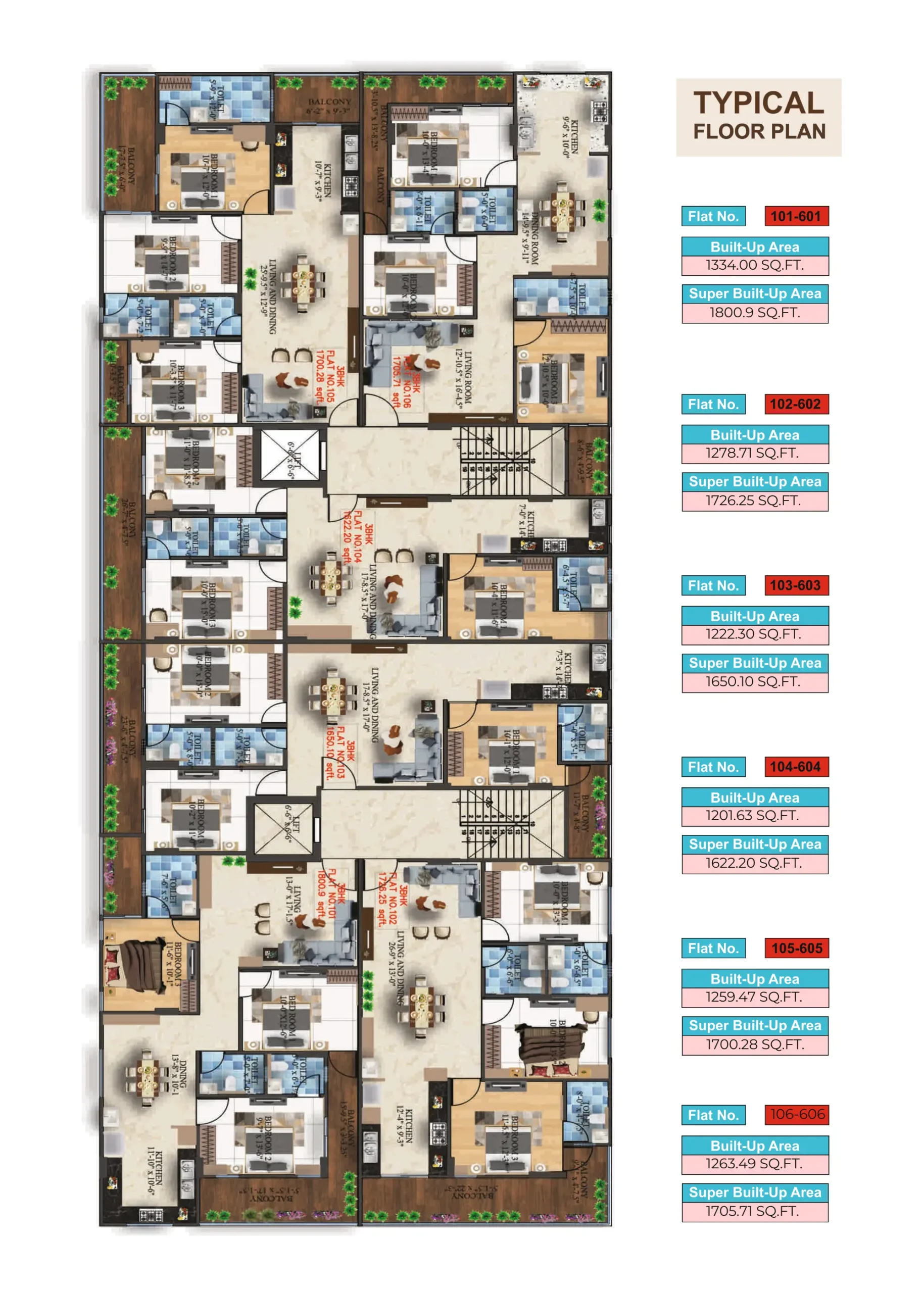 Royal Empire Typical Floor Plan showing 3 BHK flat layout with built-up and super built-up areas