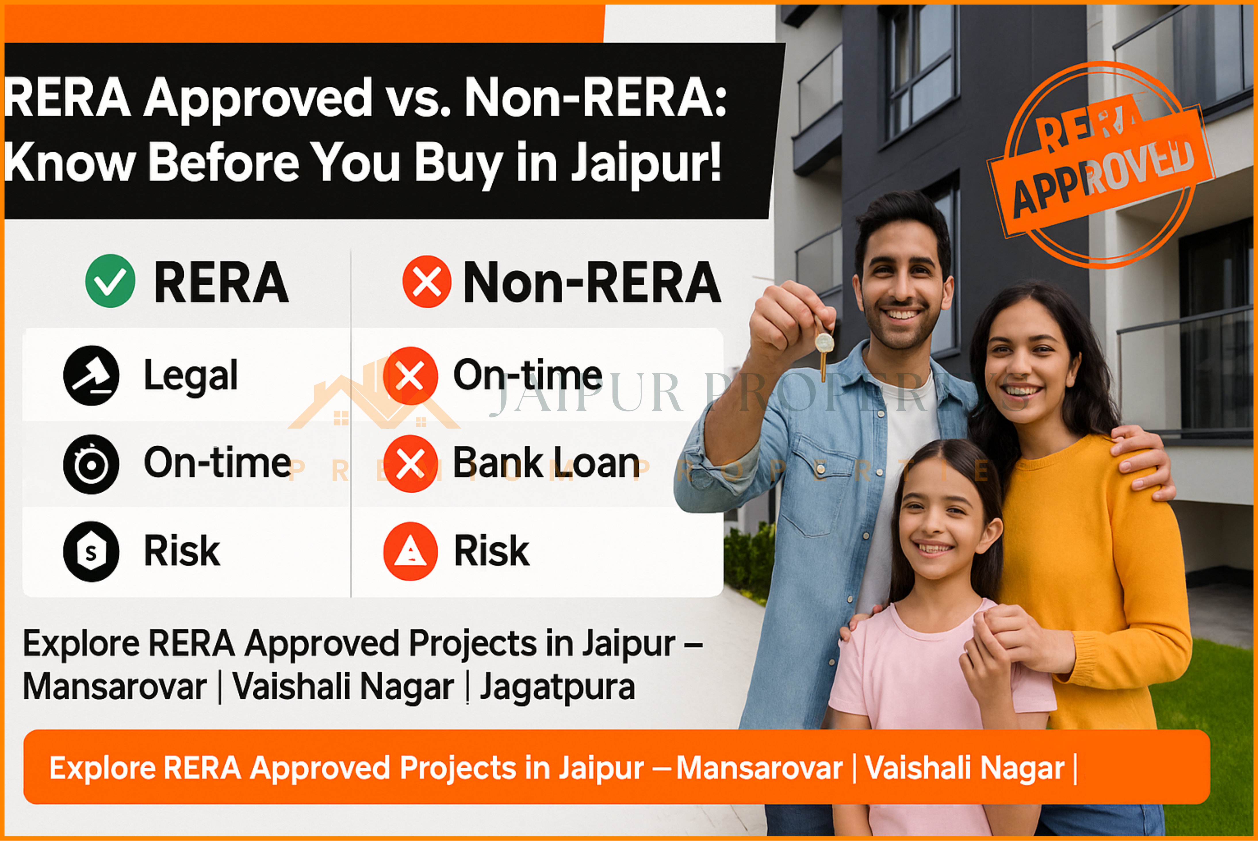 Comparison of RERA vs Non-RERA approved flats in Jaipur with key differences in legal security, loan approval, and delivery timeline