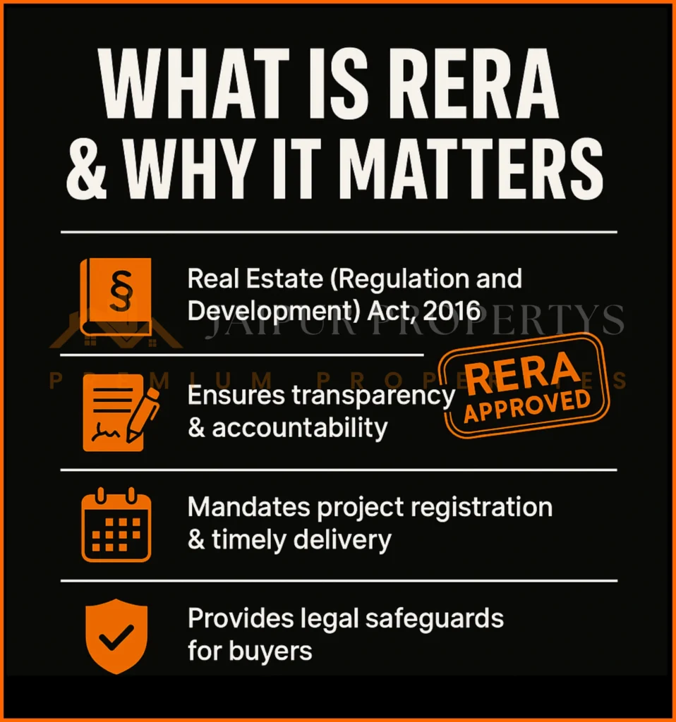 Infographic-style poster with icons showing law book, document, calendar, and shield, explaining the key provisions of the RERA Act.