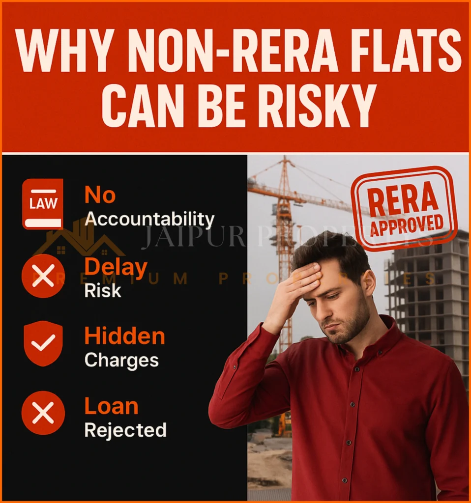 Poster showing frustrated buyer and red warning icons explaining fraud risks, hidden charges, no legal protection in non-RERA flats.