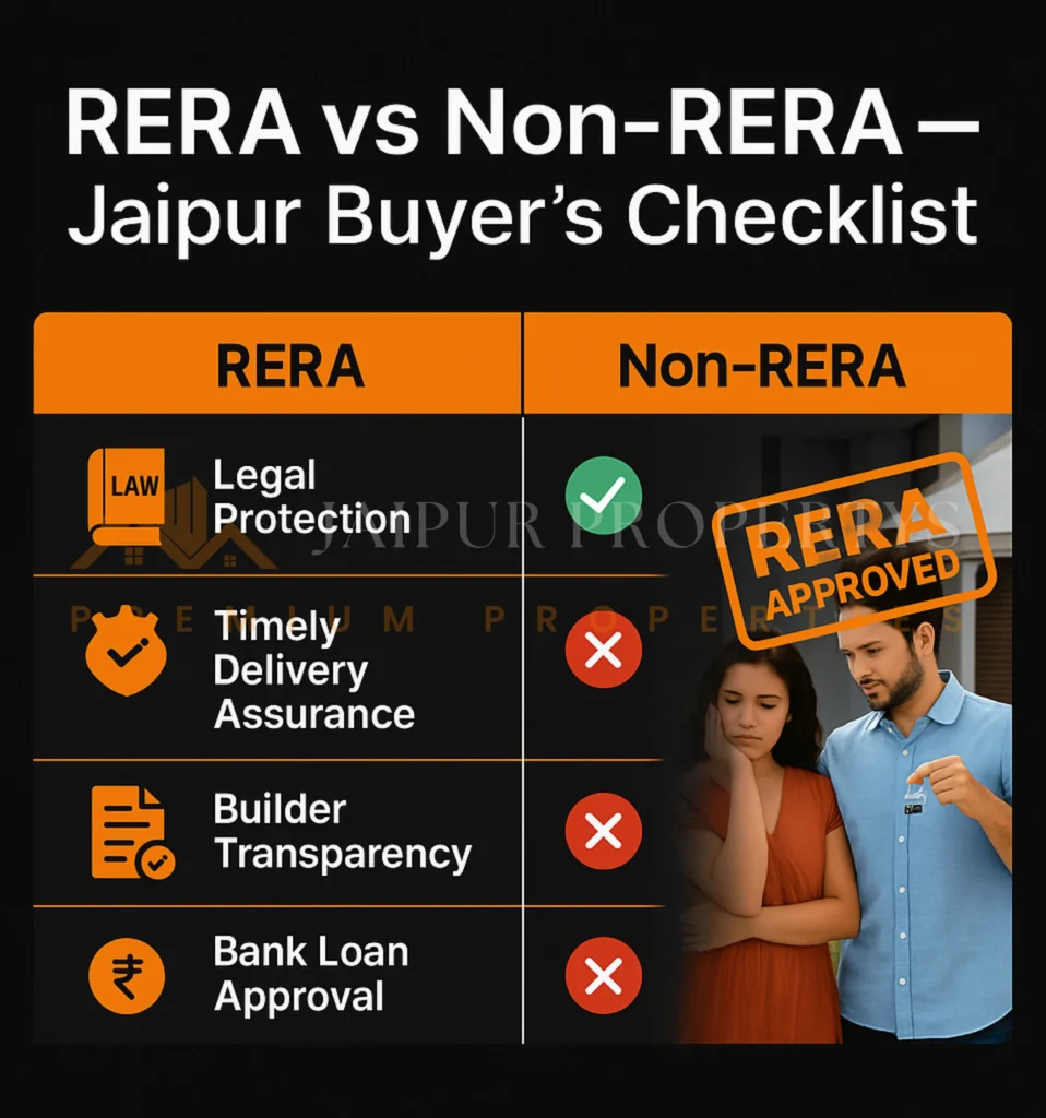 Side-by-side chart comparing RERA and non-RERA flats across legal protection, builder transparency, loan ease, resale, and fraud risk.